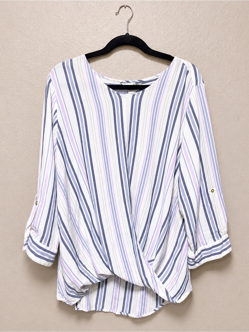 CJ Banks White Blouse with Blue & Lavender Stripes
